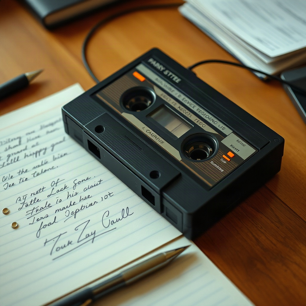 Old cassette recorder on table with handwritten notes